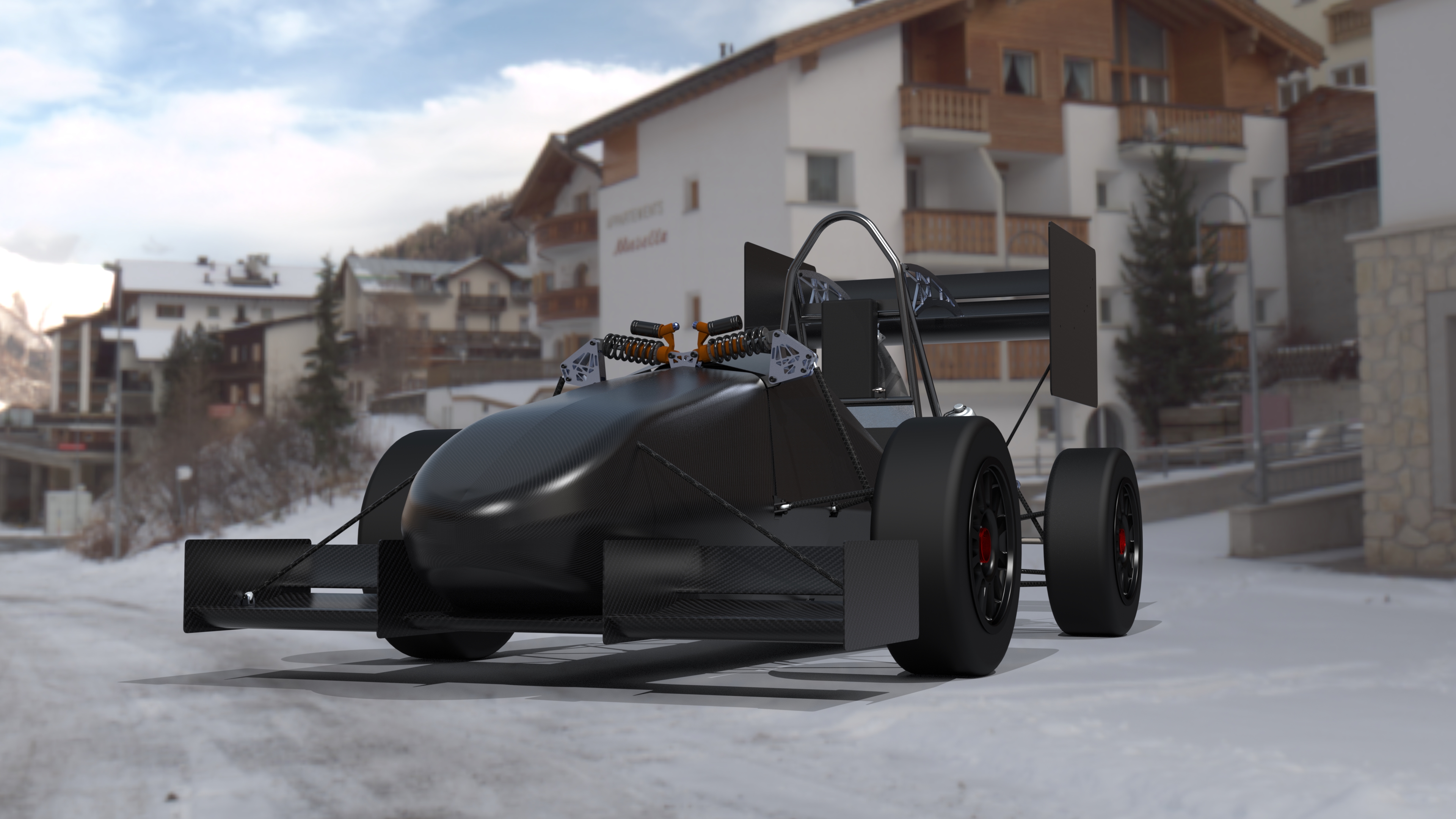 Render of a black Formula-style racecar parked in a snowy alpine village